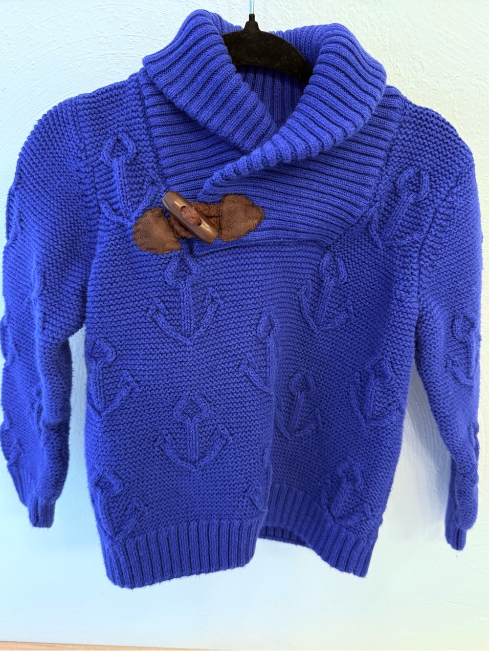 Janie and Jack Boys 2T Blue Nautical Anchor Cable Knit Shawl Collar Sweater